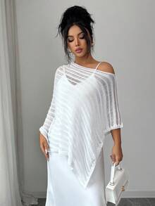 SHEIN Elenzya Loose Fit Striped Hollow-Out Shoulder Exposing Knit Sweater, Fashionable & Sexy For Women Asymmetrical Shoulder Mesh - White - View 5