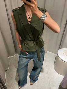 Maija Áo blazer nữ dáng rộng, cổ ve lật, màu trơn - xanh quân đội - Xem 5