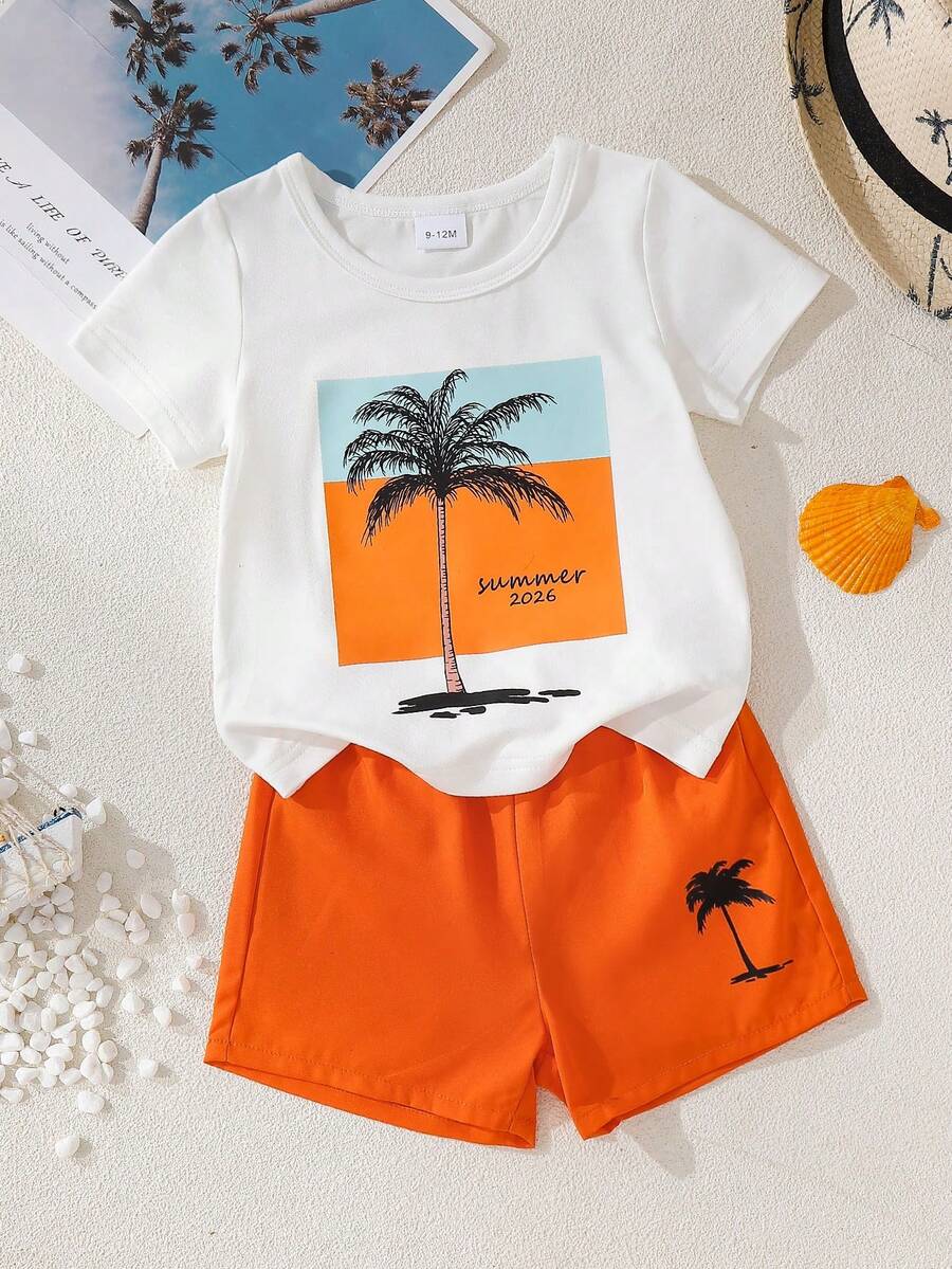 SHEIN Playful Pals 2pcs/Set Infant/Toddler Baby Boy White Summer Casual Beach Vacation Holiday Palm Tree & Letter Print T-Shirt And Drawstring Shorts Hawaiian Outfits - Orange - View 1