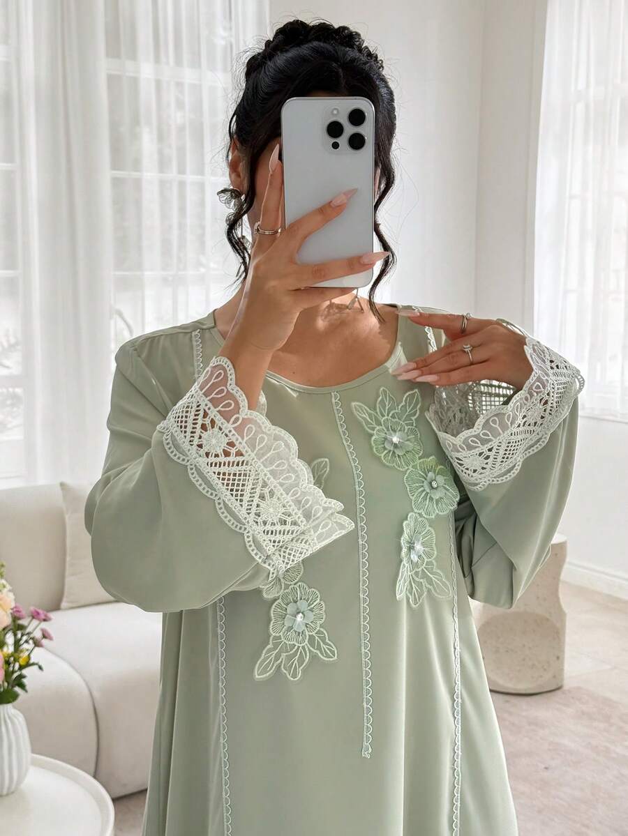 Graceveil Fashionable Casual Loose Round Neck Applique Long Sleeve Flared Elegant Modest Dress - Green - View 1