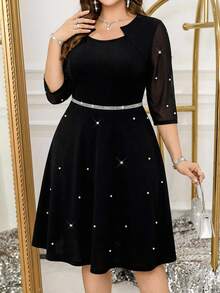 SHEIN Clasi 大码纯色水钻装饰修身优雅连衣裙 - 黑色 - 查看 1