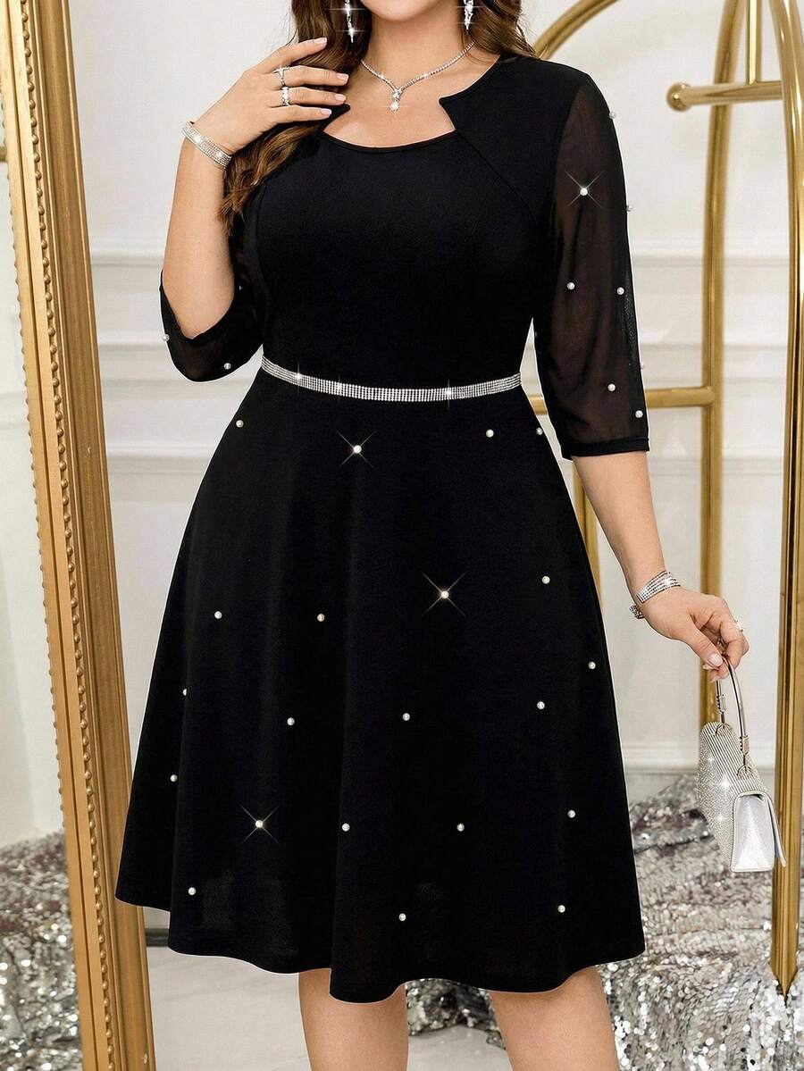 SHEIN Clasi 大码纯色水钻装饰修身优雅连衣裙 - 黑色 - 查看 1