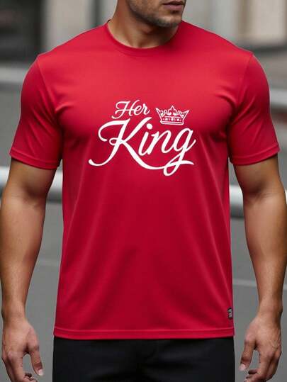 HIMLAND Men's Casual Letter Graphic Round Neck Short Sleeve T-Shirt, Summer Matching Couple Shirts Her King T-Shirt Husband And Wife Shirts His And Hers Shirts Couple T-Shirt Red Mens Set Red Shirt Men Graphic King Shirts For Men