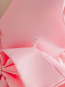 SHEIN Glamorique Kids Đầm dự tiệc thanh lịch màu trắng thêu họa tiết, lưng chữ V, thắt nơ, dành cho bé gái, phù hợp cho mọi mùa. - Hồng - Xem 8