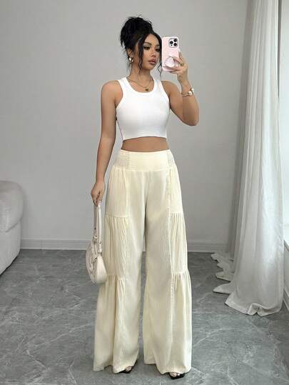 Elenzga מכנסי קולוט חדשים ואלגנטיים עם קפלים בגזרה גבוהה, קשירה מלפנים ומאחור, מתאים למשרד, נסיעות, תה מנחה, מסיבה, חופשה, לבוש יומיומי, אביב/קיץ