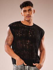 FeverCity Solid Color Crew Neck Sleeveless Hollow-Out Knit Sweater, Versatile For Summer - Black - View 3