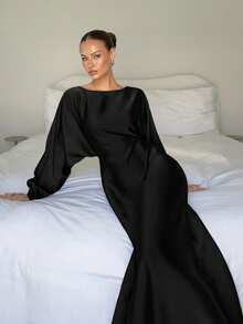 Siren Gaze 女士新款优雅浪漫休闲都市通勤时尚百搭圆领蝙蝠袖长袖系带X型修身连衣裙，适合教师、冬季穿搭、秋冬婚礼宾客着装、晚礼服 - 黑色 - 查看 4