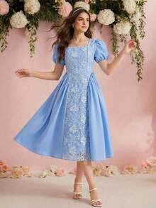 少女法式复古牛仔蓝方领泡泡袖刺绣中长连衣裙，优雅甜美温柔，适合度假、外出、日常、约会、通勤、校园等各种场合。 - 藍色 - 查看 9