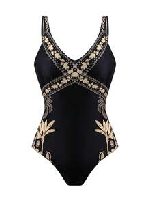 Swim Oasis 女士两件套印花性感连体泳衣，适合海滩、约会、派对、春夏穿着，高端时尚度假风 - 黑色 - 查看 5