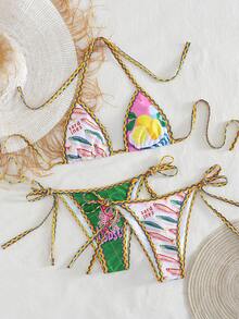 Swim Vcay 3pcs/Set New Random Print Triangle Halter Sexy Elegant Vacation Bikini Set With 2 Swim Bottoms, Beach Pool Party Women Swimwear - Multicolor - View 8