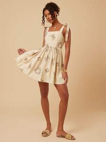 Travachic 女士碎花褶皱肩部系带腰身优雅迷你连衣裙，适合约会和派对穿着 - 杏色 - 查看 6