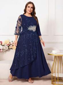 Reflora 大码优雅派对连衣裙，饰有3D立体花卉刺绣和网纱拼接 - 藍色 - 查看 5