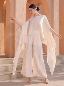 Graceveil 女士优雅两件套：纯色圆领宽松蝙蝠袖修身上衣和阔腿时尚长裤 - 杏色 - 查看 9