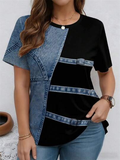 EMERY ROSE Patchwork Pattern Twill Texture Round Neck Short Sleeve Casual Plus Size T-Shirt, Spring & Summer