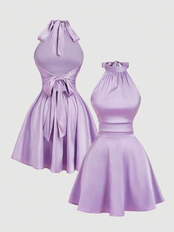 SHEIN MOD Women's Elegant Summer Lilac Purple Halter Mini Dress,Backless Twist Ruched Party Dress,Wedding Guest Prom Formal Evening Chic Lavender Bow Dresses