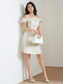 Heiryn 女士露肩单排扣优雅收腰派对迷你连衣裙 - 白色 - 查看 7