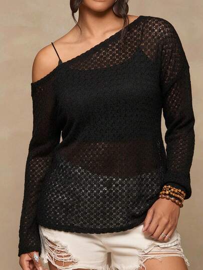 Freevana Plus Size Casual Asymmetrical Shoulder Knit Top, Versatile All-Match T-Shirt For Autumn/Winter