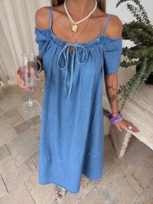 DAZY Women's Summer Spaghetti Strap Off-Shoulder Dress, Loose Straight Casual Denim Dress - Medium Wash - View 4