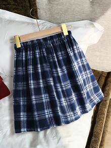 SHEIN 少女休闲百褶格子裙，藏青色和白色，适合外出、上学、通勤和日常穿着 - 藏蓝色 - 查看 2