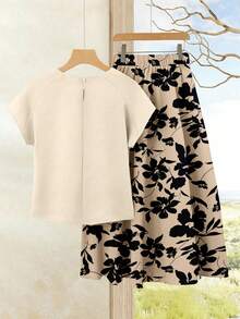 Rusticease 女士度假休闲印花纯色上衣+印花半裙套装（2件套），女士夏季服装，夏季半裙套装，半裙上衣套装，女士半裙上衣套装，印花半裙套装，女士夏季两件套休闲套装，女士两件套短袖嘉年华休闲装 - 彩色 - 查看 2