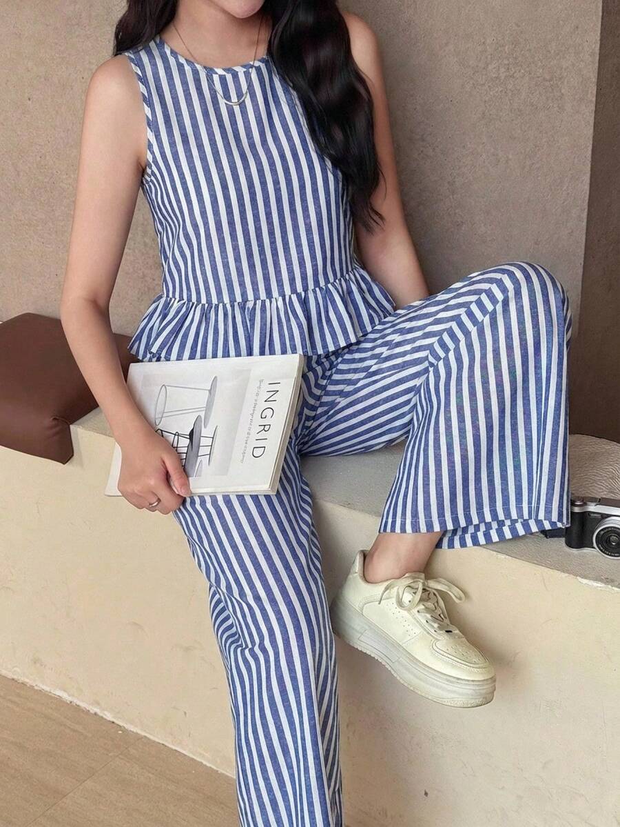 日常休闲少女长款条纹圆领背心套装，条纹长裤两件套，少女两件套，学院风两件套，女士条纹套装 - 藍白色 - 查看 1