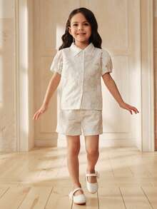 SHEIN Elladie kids Young Girl Solid Color Button Front Short Sleeve Shirt And Shorts Set, Young Girls Linen Retro Outfit, Summer Little Girl Outfit Sets For Recognition - White - View 3
