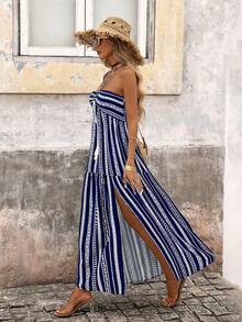 Brillora 女士无袖印花中长连衣裙，适合春夏度假穿着 - 藏蓝色 - 查看 4