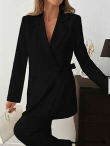 EURMUSE WOMEN ELEGANT SUIT SET WITH BELT DETAILED - Black - View 5