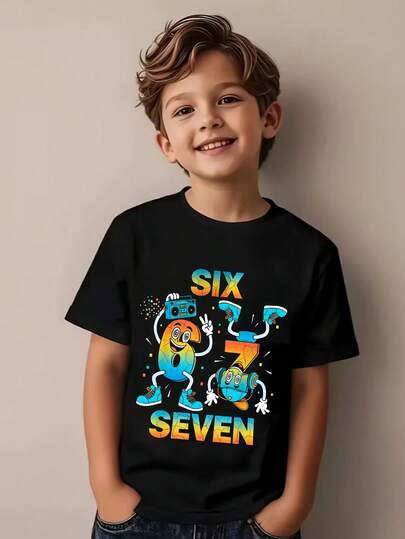 Tween Boys' Casual Comfortable Fashion Versatile Creative Colorful Block Graphic "67" Numeral & Letter Print All-Match Short Sleeve T-Shirt, Suitable For Outdoor & Sports