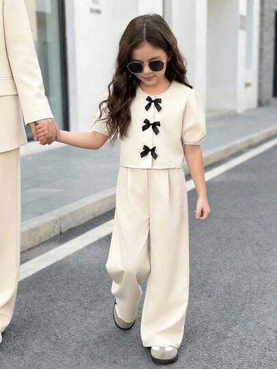 Firerie Kids 2pcs/Set Young Girls Bow Decor Puff Sleeve Top + Loose Pants Suit, Casual Cute Fashion Versatile For Outing, Photoshoot, Park, Camping, Daily, Party, Vacation