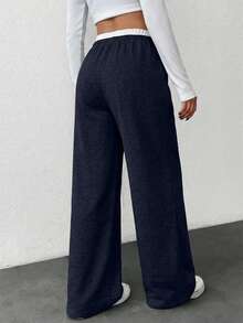 Women's Drawstring Waist Loose Casual Sports Pants - Navy Blue - View 2