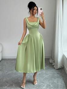 Elenzga 新款法式方领收腰缎面垂褶优雅修身派对连衣裙，女士 - 綠色 - 查看 4