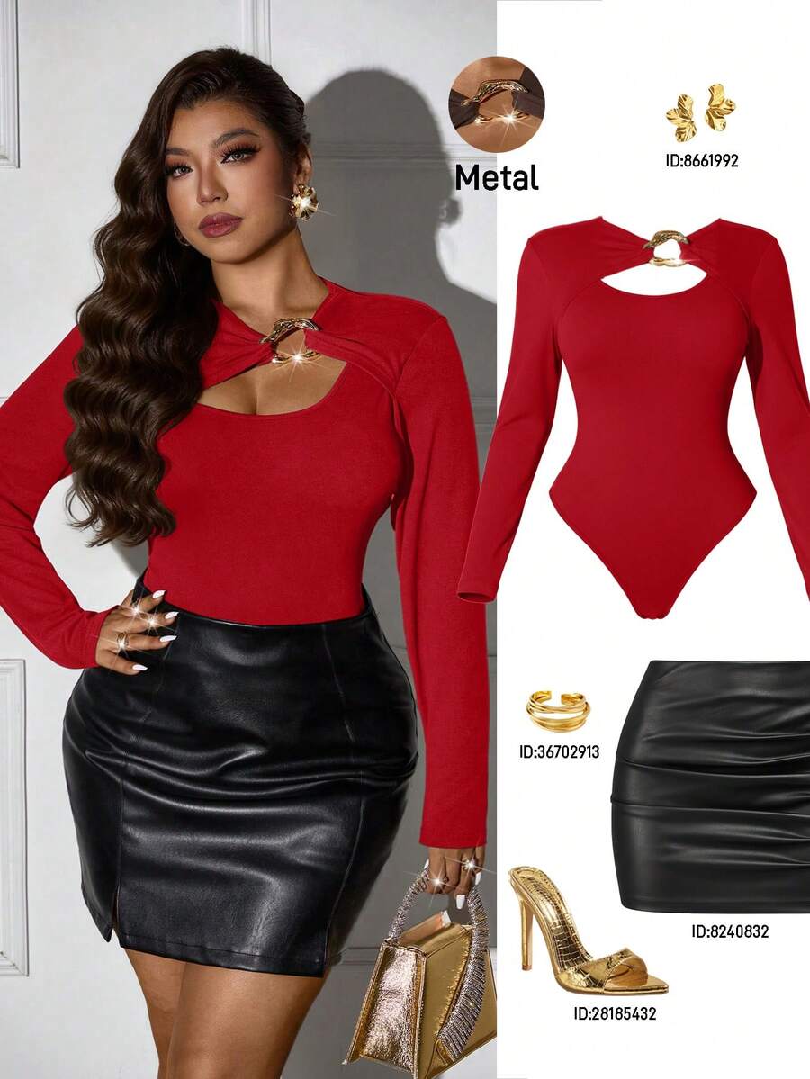 Femmeverse Plus Size Women Unique Relaxed Fit Knit Bodysuit - Red - View 1