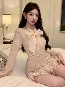 DAZY 春夏网纱荷叶边拼接休闲办公装格纹鸡尾酒会婚礼宾客连衣裙，优雅修身喇叭下摆中长连衣裙，女士吊带裙 - 米色 - 查看 10