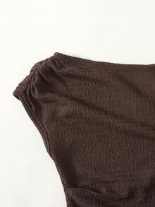 SHEIN 少女棕色提花斜肩T恤和喇叭裤休闲套装 - 棕色 - 查看 4