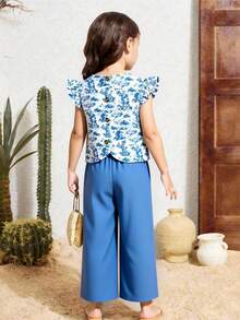 女童纹理面料短袖纽扣后背T恤和休闲长裤两件套 - 藍色 - 查看 3