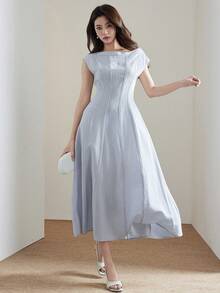 Heiryn Women's Elegant Solid Color Batwing Sleeve Dress - Gray Blue - View 4