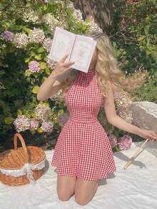 SHEIN MOD Women's Red & White Plaid Backless Twist Ruched Cami Mini Dress,Red Plaid Dress,Picnic Dresses,Tea Party Outfits,Beach Dress,Going Out ,Summer Holiday Outfitsvacation - Red and White - View 4