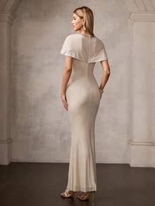 MOTF Soiréza ELEGANT ROUND NECK COLORFUL RHINESTONE DETAIL NECKLINE ASYMMETRIC CAPE-STYLE FLUTTER SLEEVES MAXI PARTY GOWN – ALL-OVER RHINESTONE FABRIC - Apricot - View 4