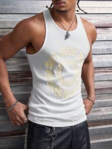 AXEPEAK Men's Letter Print Round Neck Casual Fashion Tank Top, Summer - White - View 3