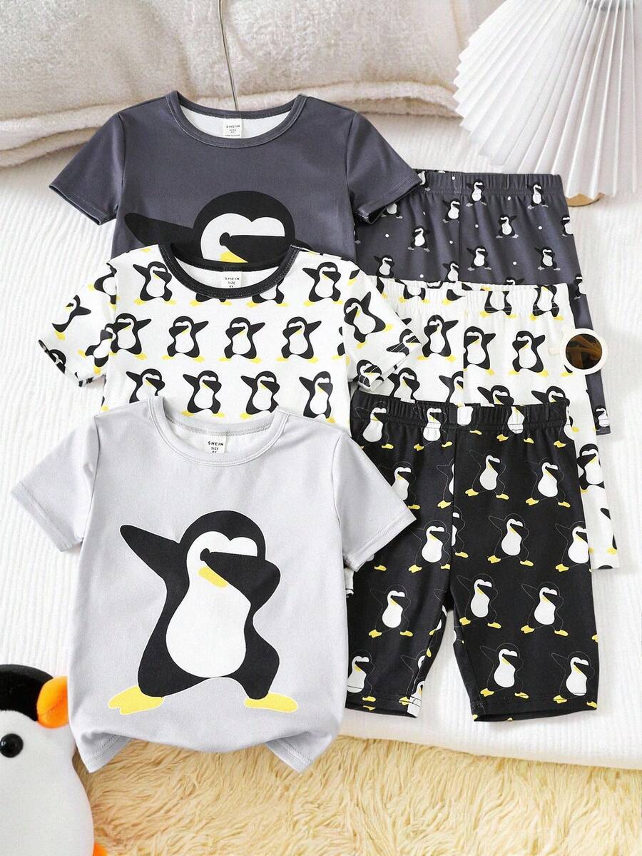 SHEIN 6件套男童可爱卡通企鹅印花休闲家居服套装，舒适时尚，百搭实用，适合日常穿着和派对场合。