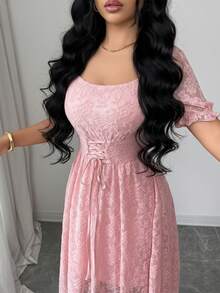 Modelyn 女士优雅提花纹理喇叭连衣裙，适合情人节约会 - 粉色 - 查看 4