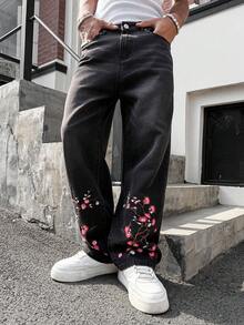 Manfinity EMRG 男士欧洲奢华梅花刺绣水洗直筒牛仔裤 - 深灰色 - 查看 4