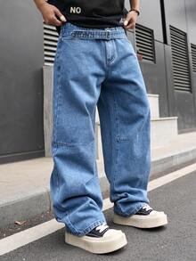 Manfinity Hypemode 男士美式街头时尚可调节腰带设计蓝色水洗宽松阔腿牛仔裤 - 中等水洗藍 - 查看 8