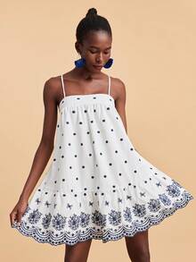 Travachic White Floral Printed Spaghetti Strap Ruffle Hem Sleeveless Summer Camisole Dress,Boho Vacation Holiday Outfit,Elegant Wedding Guest Party Dress - Multicolor - View 1