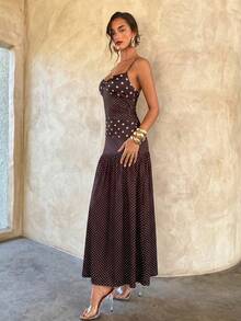 Aloruh Women's Retro Polka Dot Backless Belted Maxi Dress, Women's Beach Vacation Dress, Casual Polka Dot Print Dress, Women's Vacation Outfit, Holiday Wear, Casual Maxi Dress, Vacation Dress - Brown - View 8