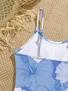 SHEIN 女童碎花数码印花连体泳衣，休闲度假风，适合夏季海滩游泳 - 白色 - 查看 4