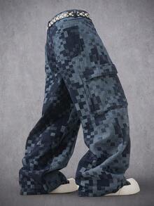 Manfinity Denimwave Men's Casual Fashion Street Checkered Patchwork Loose Wide-Leg Cargo Jeans, Belt Not Included - Dark Wash - View 1