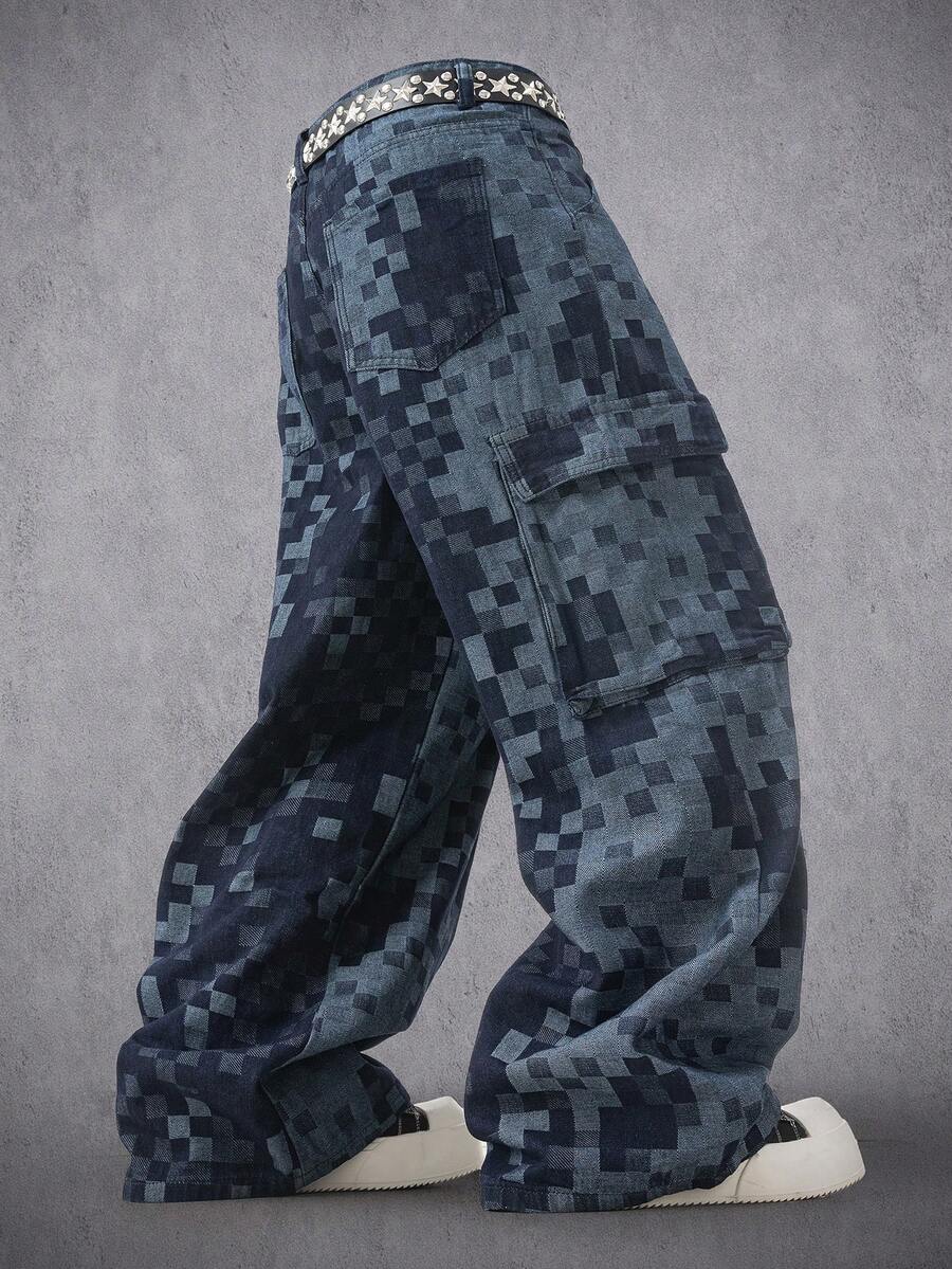 Manfinity Denimwave Men's Casual Fashion Street Checkered Patchwork Loose Wide-Leg Cargo Jeans, Belt Not Included - Dark Wash - View 1