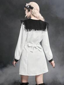 ROMWE Goth 哥特式暗黑娃娃十字尖领撞色蕾丝条纹修身A字迷你连衣裙 - 白色 - 查看 10